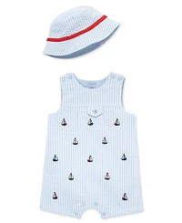 Little Me Baby Boys' Sailboat Striped Sunsuit and Hat, 2-Piece Set