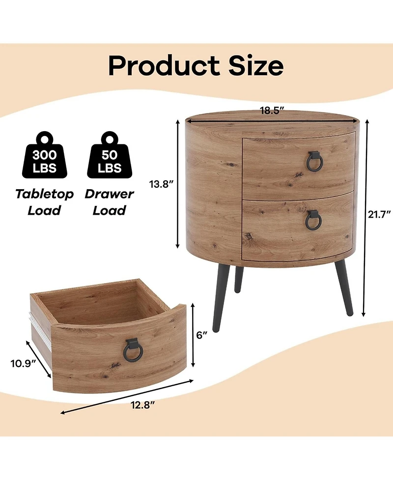 gaomon Round Side Table with Drawers Modern Night Stand with Storage Wooden Accent End Table Circle Bedside Table with Metal Legs for Living Room