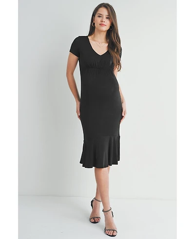 Hello Miz Maternity V-Neck Empire Waist Short Sleeve Midi Dress with Ruffle Hem