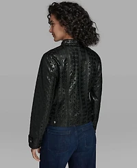 Karl Lagerfeld Paris Women's Faux Leather Eyelet Zip Front Jacket