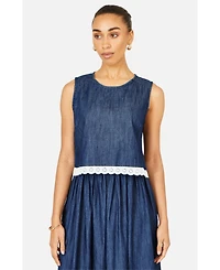 Yumi Women's Cotton Chambray Lace Trim Top