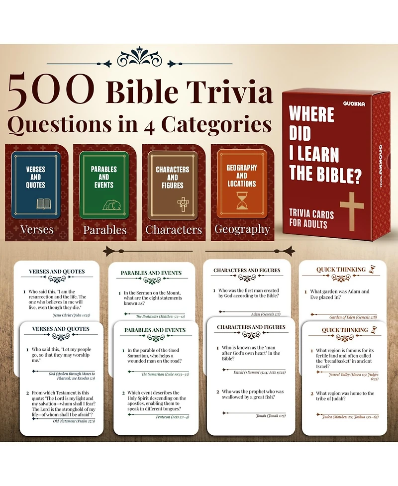 Quokka Bible Trivia Game for Adults – 500 Christian Questions for Fun Family & Adult Play