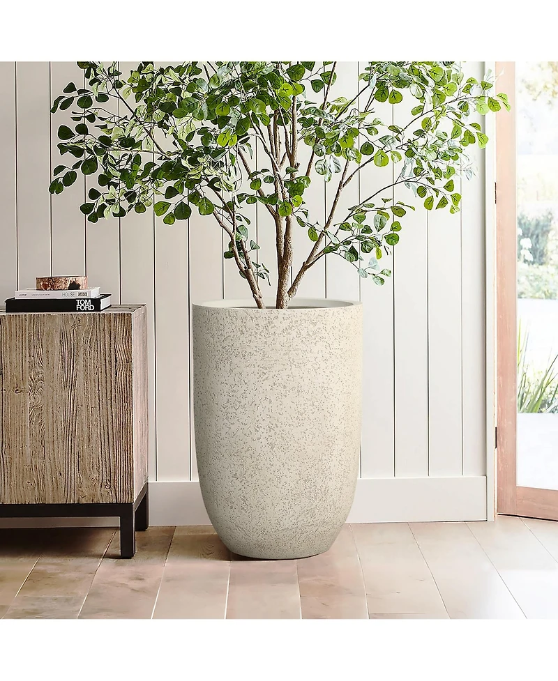 LuxenHome 23.5" Tall Round Tapered Planter, Travertine Stone Finish, Indoor/Outdoor Garden Pot
