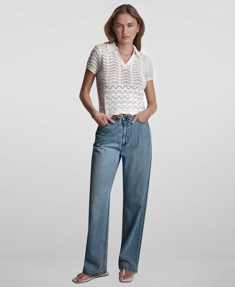 Dkny Jeans Petite Short-Sleeve V-Neck Polo Pointelle Sweater