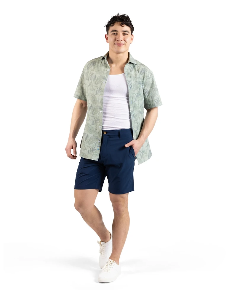 TailorByrd Men's Tropical Leaves Printed Seersucker Short Sleeve Shirt