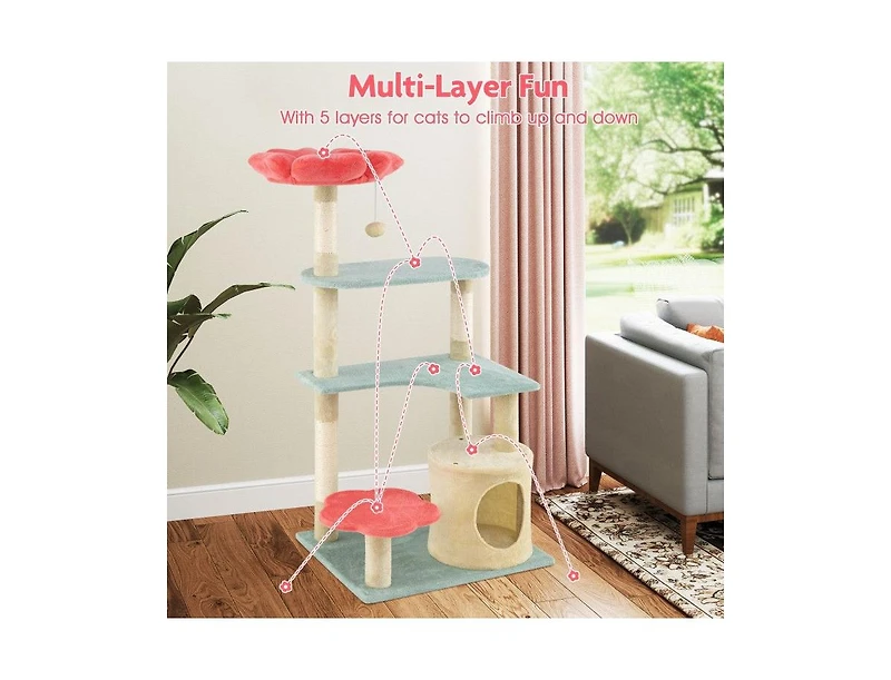Aostirmotor 49" Floral Kitten Tower with Flower-Shaped Plush Perch, Multi-Level Aesthetic Cat Furniture