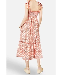 Yumi Women's Viscose Ruched Tie Strap Midi Sun Dress
