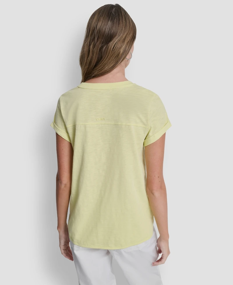 Dkny Sport Women's Embroidered Crewneck Logo Roll-Sleeve Top