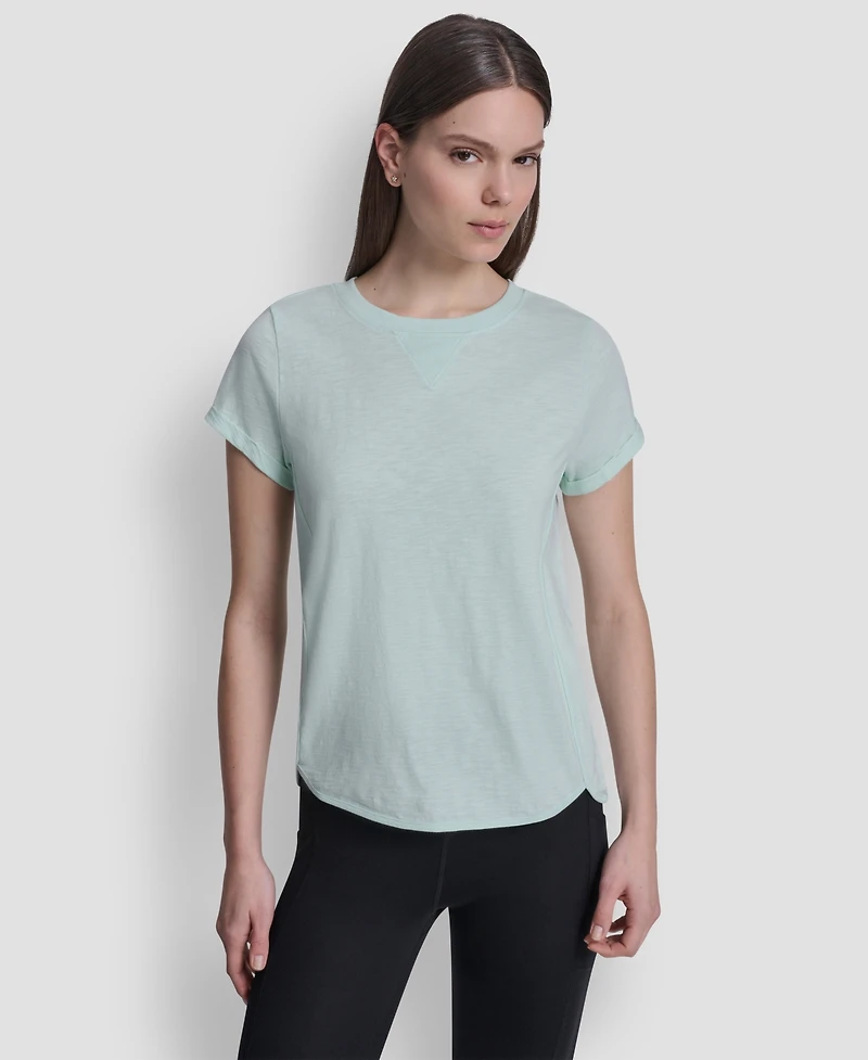 Dkny Sport Women's Embroidered Crewneck Logo Roll-Sleeve Top
