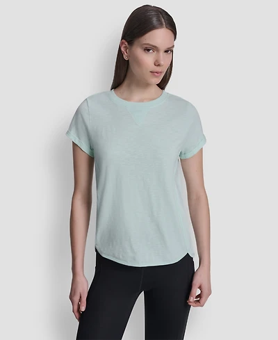 Dkny Sport Women's Embroidered Crewneck Logo Roll-Sleeve Top