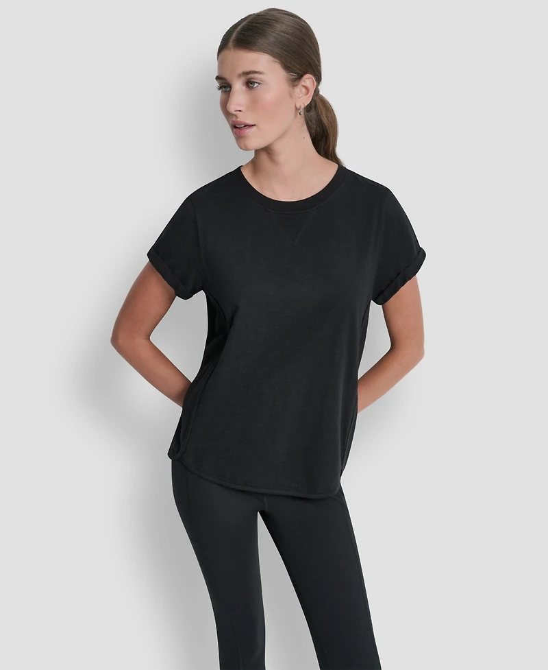 Dkny Sport Women's Embroidered Crewneck Logo Roll-Sleeve Top