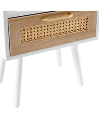 Simplie Fun Rattan End Table With Power Outlet & Usb Ports, Modern Nightstand With Drawer And Solid Wood