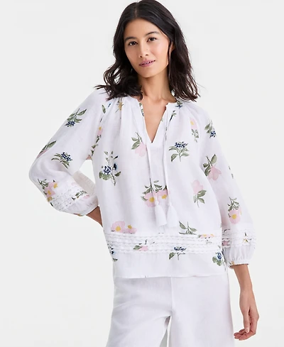 Charter Club Women's 100% Linen Crochet-Trim Tie-Neck Top, Macy's Exclusive