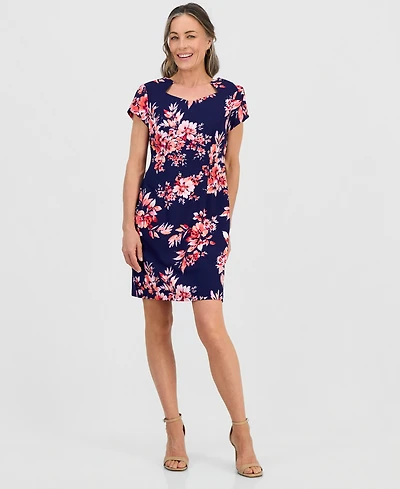 Connected Petite Floral Print Short-Sleeve Sheath Dress