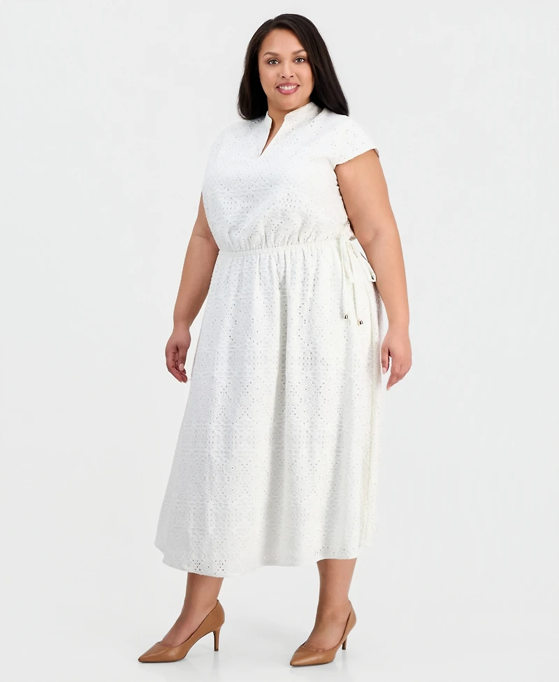 Kasper Plus V-Neck Cap-Sleeve Eyelet Dress