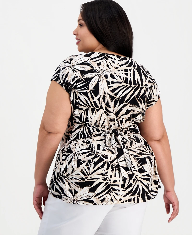 Kasper Plus Printed Crewneck Tie-Back Short-Sleeve Blouse