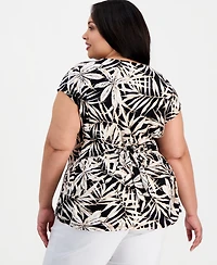 Kasper Plus Printed Crewneck Tie-Back Short-Sleeve Blouse