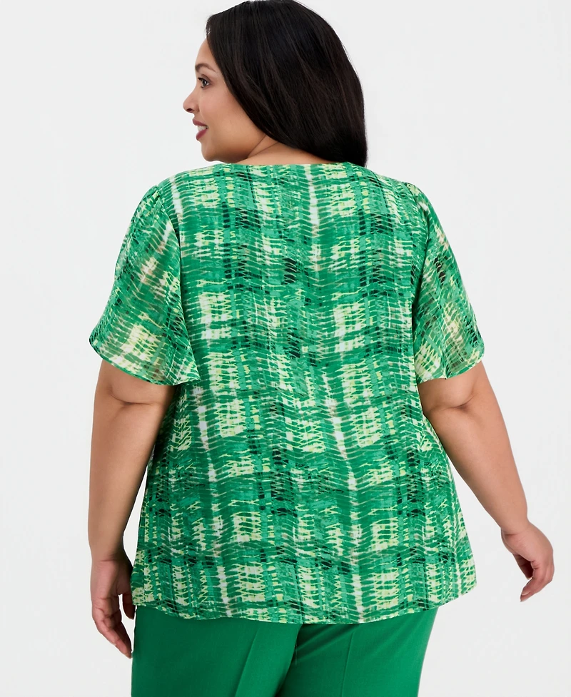 Kasper Plus V-Neck Tulip-Sleeve Top