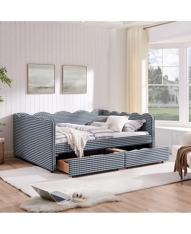 Streamdale Furniture Wood Gingham Wave Shape Daybed with Usb Port & 2 Storage Drawers