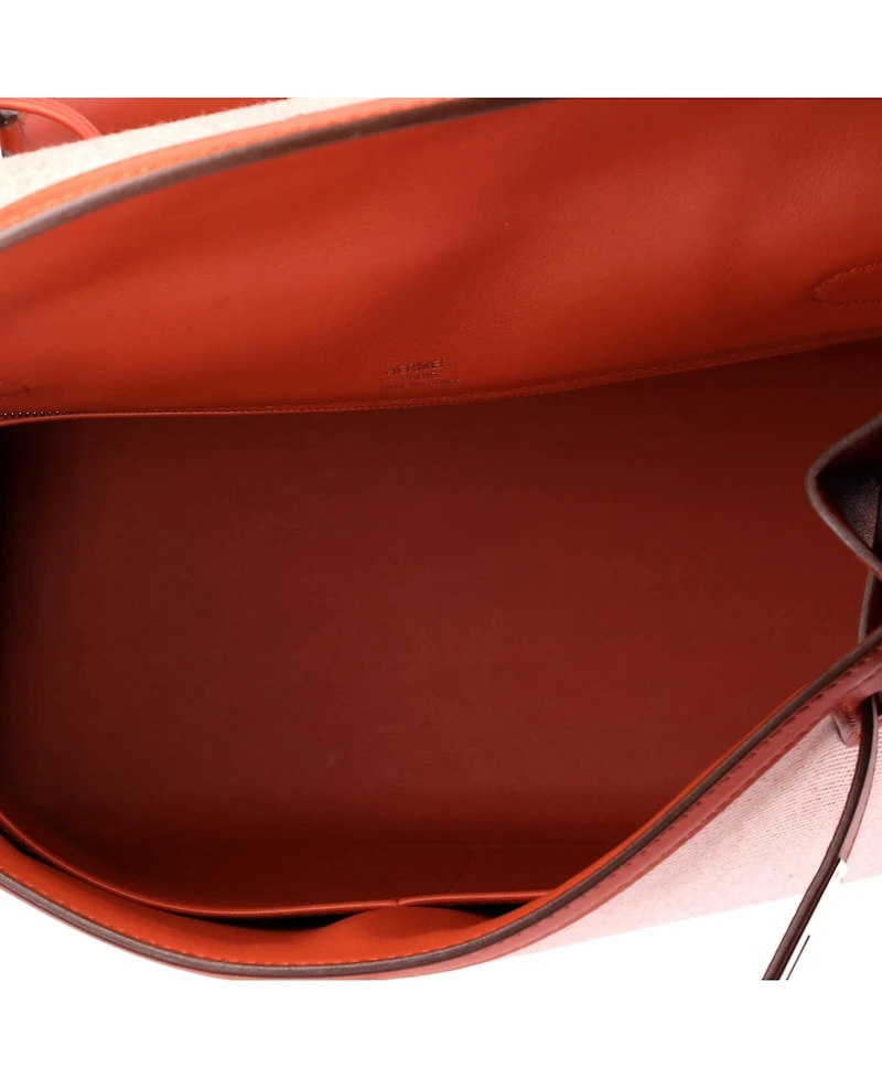 Pre-Owned HERMES Kelly 28 Handbag Toile and Brown Swift with Palladium Hardware