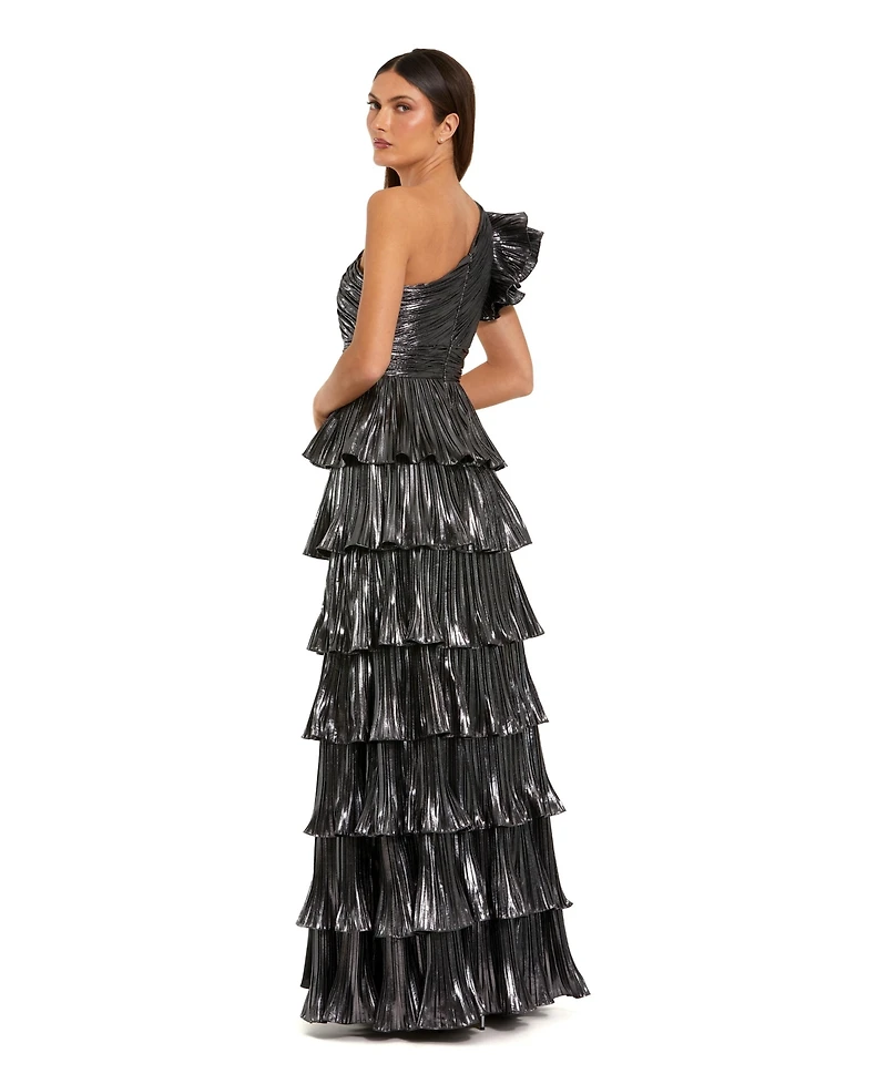 Mac Duggal Women's Pleated Metallic Tiered Ruffle One Shoulder Gown