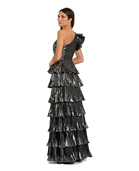 Mac Duggal Women's Pleated Metallic Tiered Ruffle One Shoulder Gown