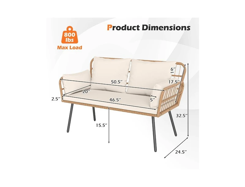 Slickblue Patio Rattan 2-Seater Chair with Back Cushions & Metal Frame