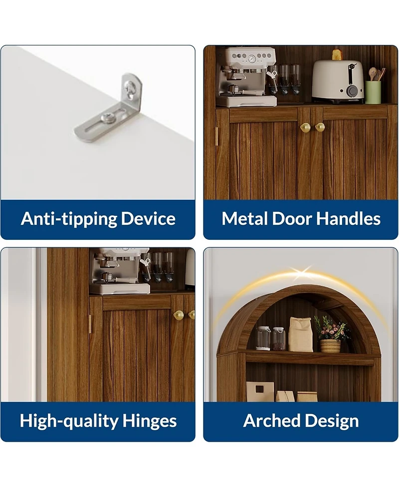 gaomon 72" Modern Natural Arched Cabinet with Gold Handles – 5-Tier Wooden Pantry Double Doors & Adjustable Shelves