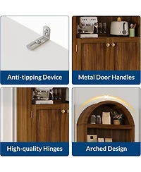 gaomon 72" Modern Natural Arched Cabinet with Gold Handles – 5-Tier Wooden Pantry Double Doors & Adjustable Shelves