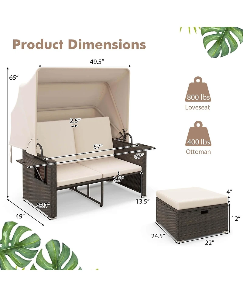 Gymax Rattan Daybed w/ Adjustable Backrests & Retractable Canopy for Patio