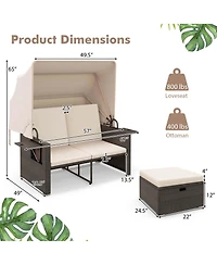 Gymax Rattan Daybed w/ Adjustable Backrests & Retractable Canopy for Patio