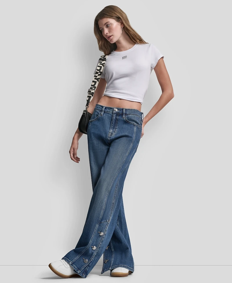 Dkny Jeans Women's Rhinestone Logo Crew Neck Baby T-Shirt