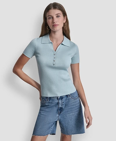Dkny Jeans Women's Short-Sleeve Rib Collared Polo Top