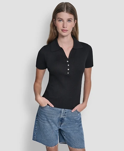 Dkny Jeans Women's Short-Sleeve Rib Collared Polo Top