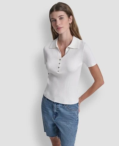 Dkny Jeans Women's Short-Sleeve Rib Collared Polo Top