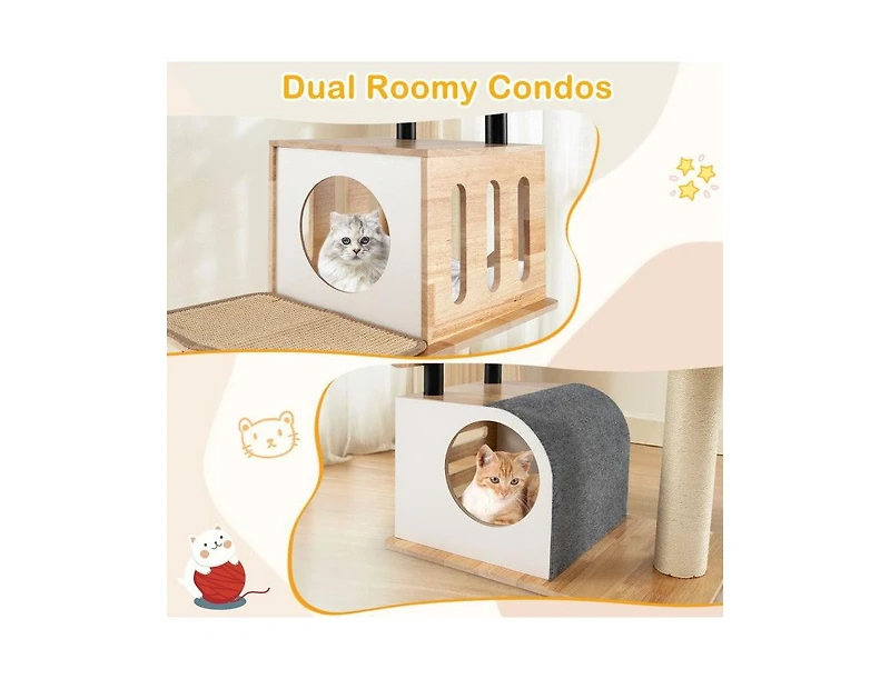 Aostirmotor Modern Tall Cat Tower with Double Condos, Dangling Balls & Sisal Carpets, Indoor Cat Furniture