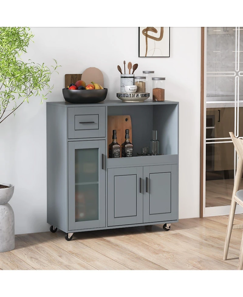 Volenca Rolling Kitchen Island Cart with Drawer, Glass Door Cabinet, Storage Shelves