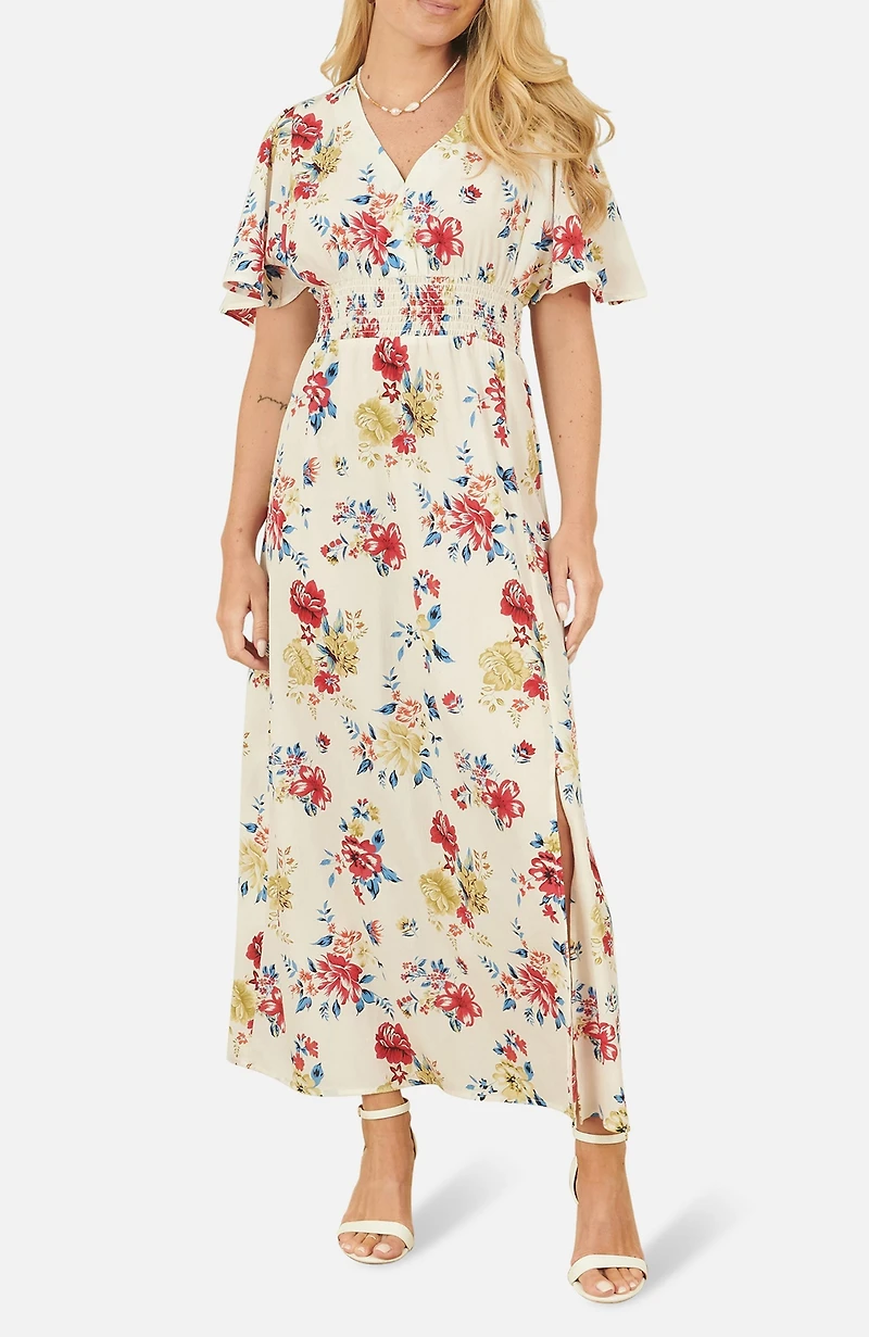 Yumi Women's Ruched Waist V-Neck Midi Dress