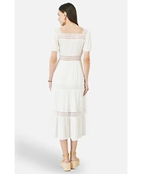 Yumi Women's Cotton Square Neckline Lace Midi Dress