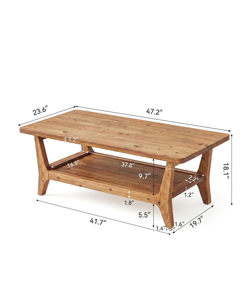 Tribesigns Solid Wood Coffee Table, 47-Inch Living Room Center Table with Shelf, 2-Tier, Smooth Corners, Child-Friendly, Easy Assembly