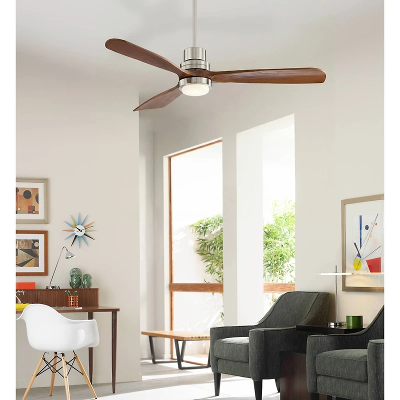 52" Casa Vieja Delta-Wing Dc Rustic Farmhouse 3 Blade Indoor Ceiling Fan Led Light Remote Control Brushed Nickel Walnut Wood for Living Room Kitc