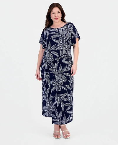 Robbie Bee Plus Printed Faux-Wrap O-Ring Dress