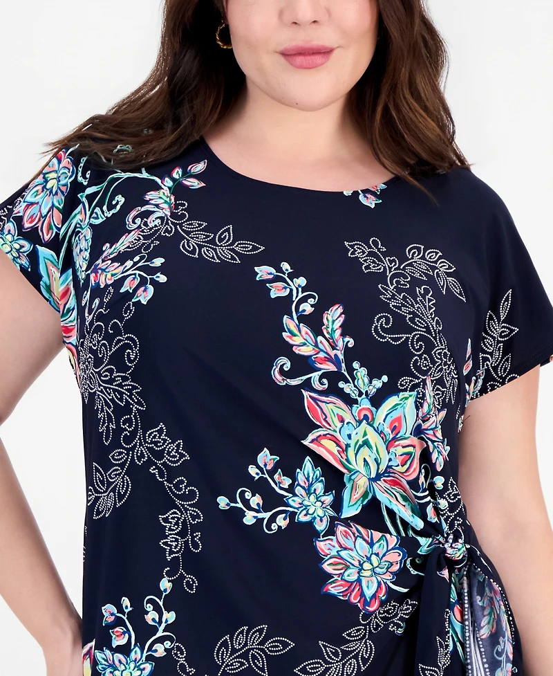 Robbie Bee Plus Printed Faux-Sarong Short-Sleeve Dress