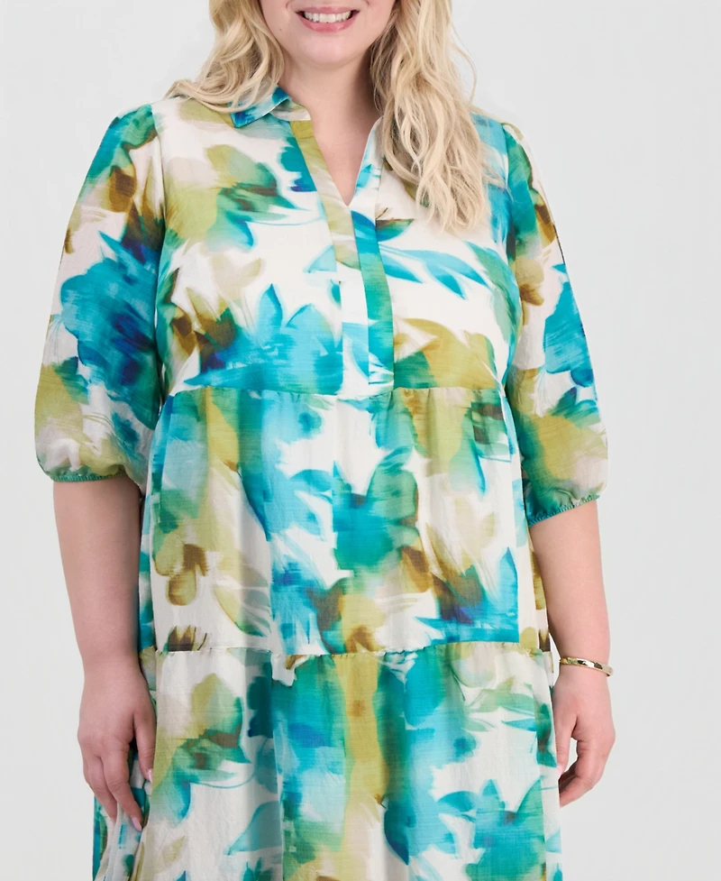 Sandra Darren Plus Linen Split-Neck Midi Dress