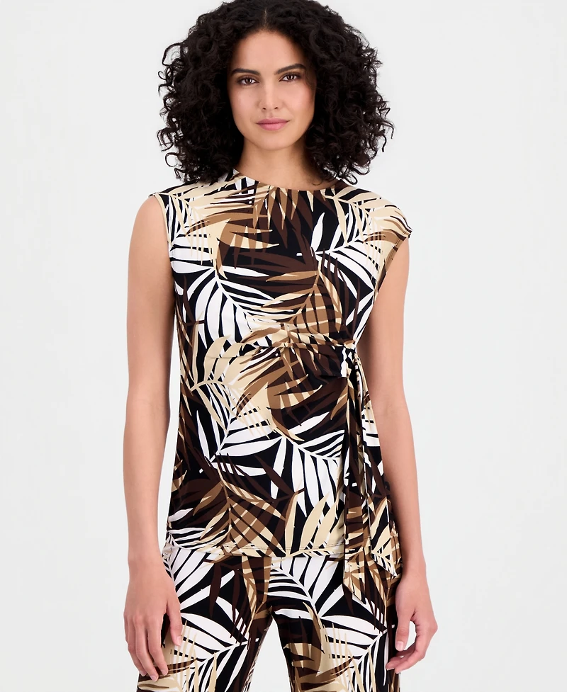 Anne Klein Women's Palm-Print Extended-Shoulder Tie-Waist Top