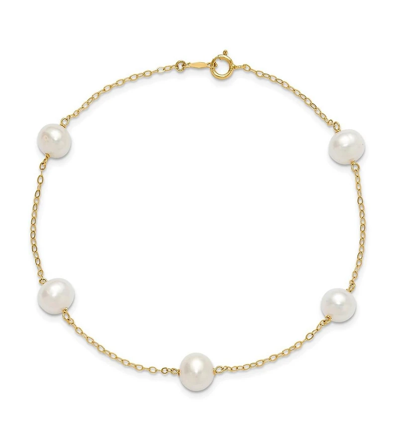 Curata Jewelry Solid 10k Yellow Gold 7-8mm Freshwater Cultured Pearl 5-station Anklet 10 Inch