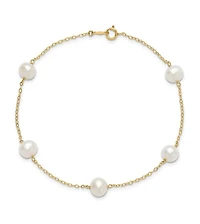 Curata Jewelry Solid 10k Yellow Gold 7-8mm Freshwater Cultured Pearl 5-station Anklet 10 Inch