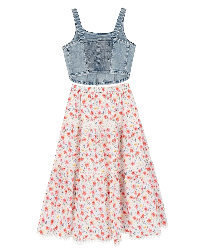 Tween Diva Girls' 7-16 Denim Faux Corset Top To Floral Printed Maxi Skirt, 2-Piece Set
