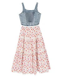 Tween Diva Girls' 7-16 Denim Faux Corset Top To Floral Printed Maxi Skirt, 2-Piece Set