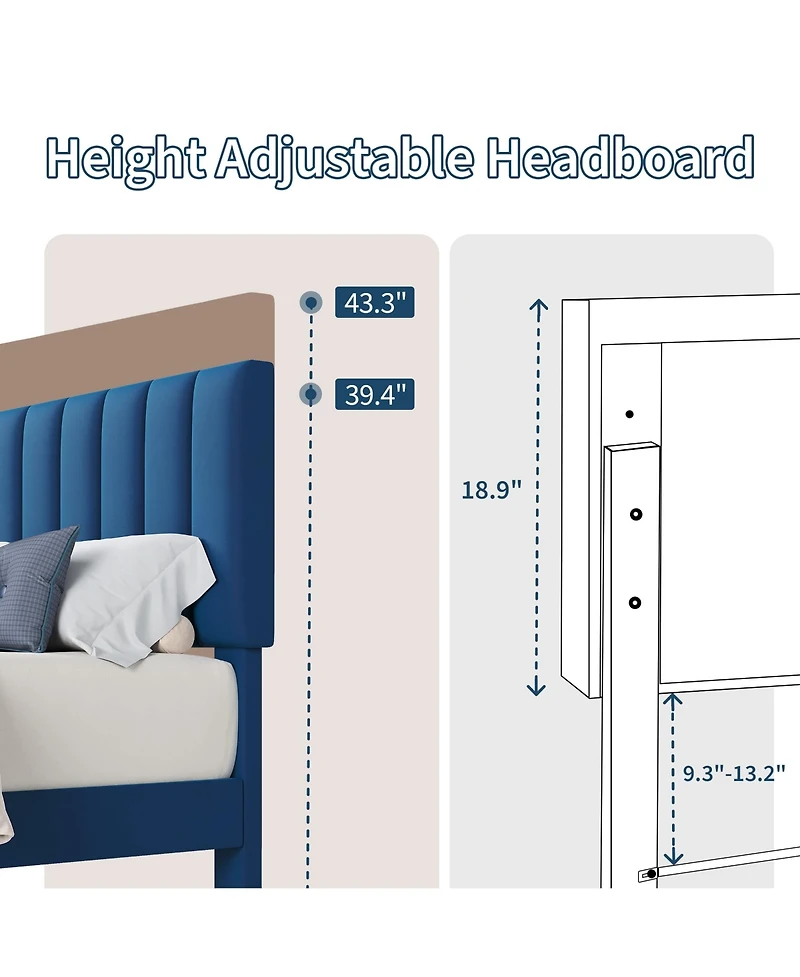 gaomon Velvet Upholstered Adjustable Vertical Tufted Headboard & Bed Frame